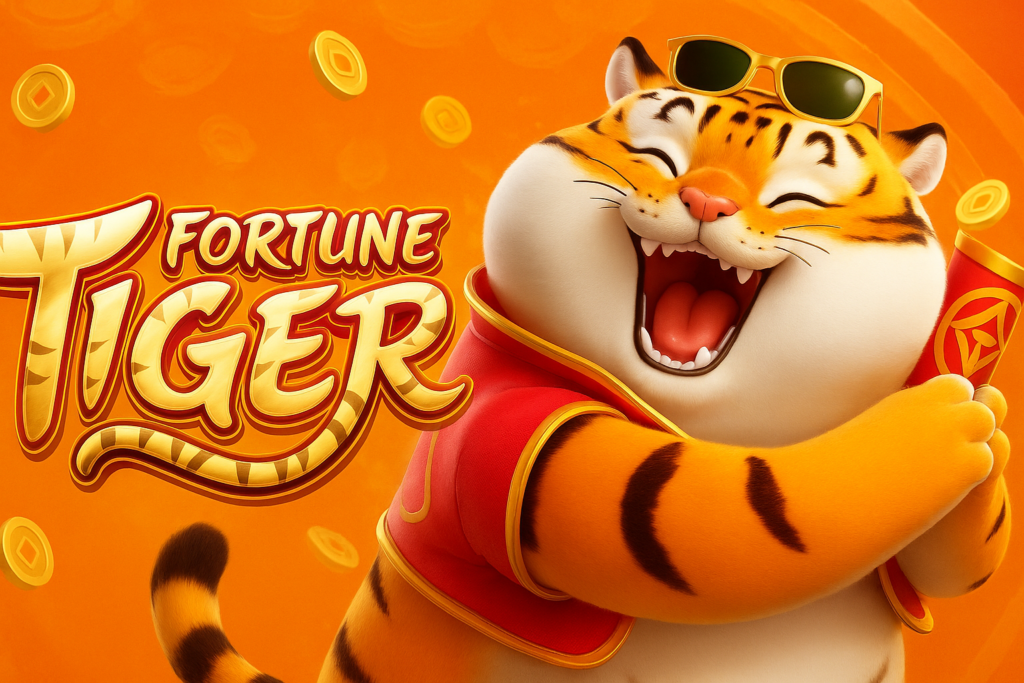 Ilustração do slot Fortune Tiger com tigre sorridente em destaque, segurando envelopes vermelhos, vestindo roupa vermelha e óculos escuros, ao lado do logotipo Fortune Tiger em dourado sobre fundo laranja com moedas chinesas.