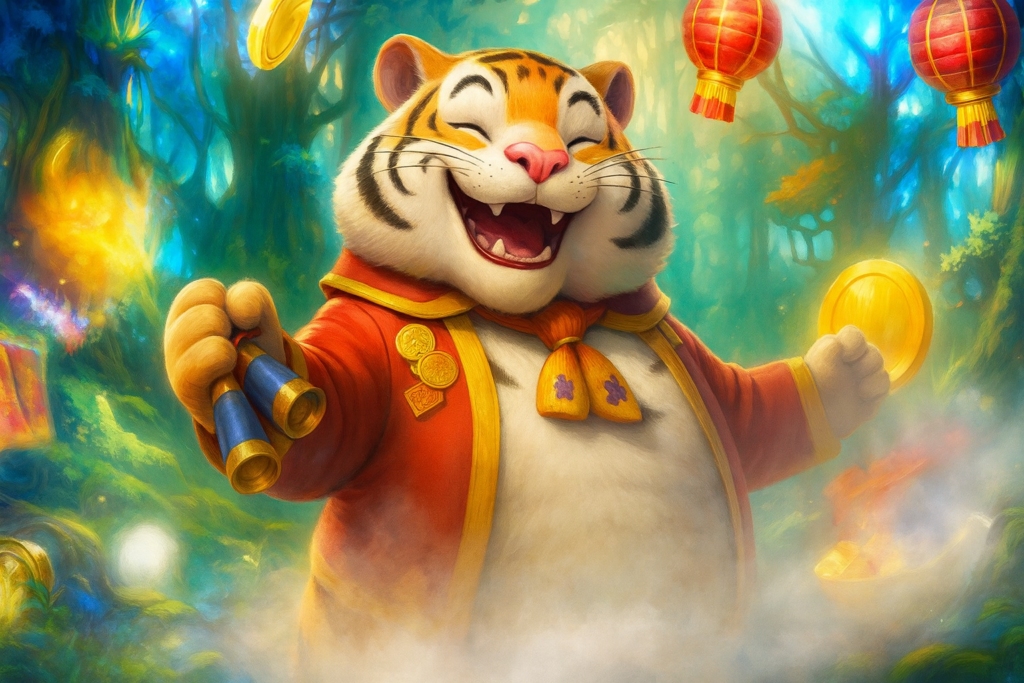 Ilustração do tigre do slot Fortune Tiger em um cenário de floresta mágica, usando traje vermelho tradicional, segurando moedas douradas, com lanternas chinesas e efeitos luminosos ao fundo.