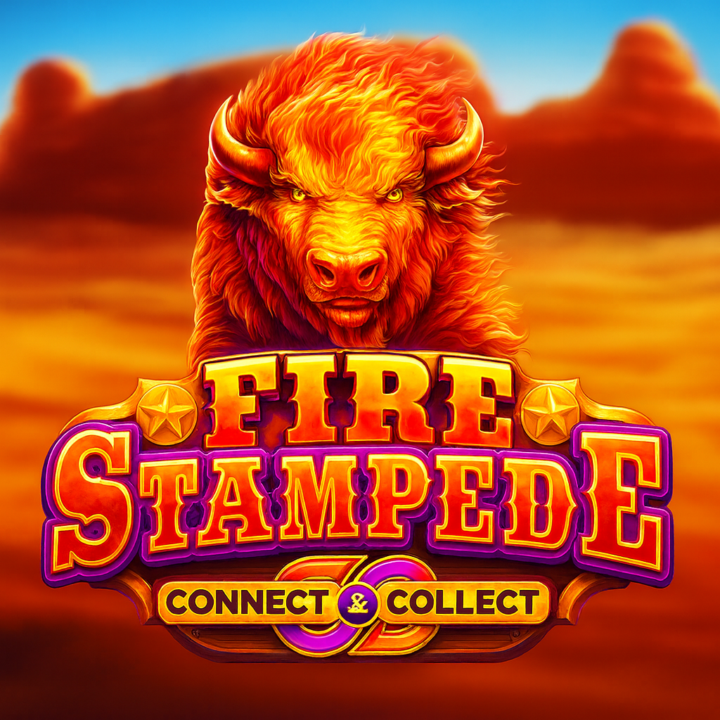 Ilustração do slot Fire Stampede Connect & Collect da Pragmatic Play, com búfalo em chamas ao centro, cores intensas em tons de laranja e vermelho e cenário de deserto ao fundo.