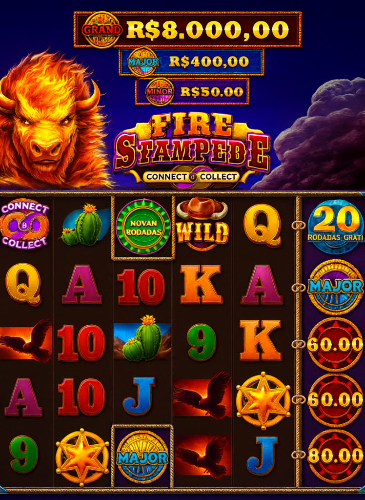 Tela do slot Fire Stampede Connect & Collect da Pragmatic Play, mostrando a grade de rolos com símbolos do Velho Oeste, jackpots Grand, Major e Minor em destaque e o búfalo em chamas no topo do jogo.