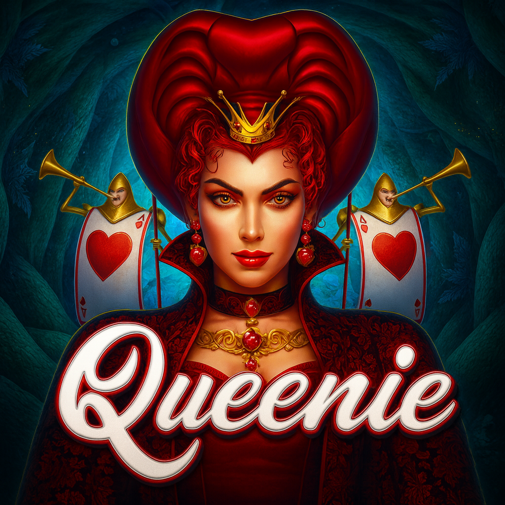 Ilustração da Rainha de Copas do slot online Queenie da Pragmatic Play, com coroa dourada, vestido vermelho luxuoso e soldados de cartas ao fundo, em um cenário místico inspirado em baralho e fantasia.