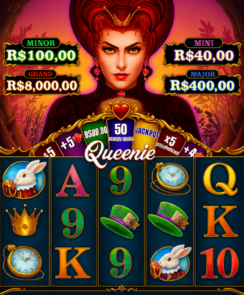 Interface do slot Queenie com a Rainha de Copas em destaque, jackpots em reais (Mini, Minor, Major e Grand) e rolos com símbolos como coelho branco, coroa, relógio de bolso, chapéu verde e cartas A, K, Q, 9 e 10.