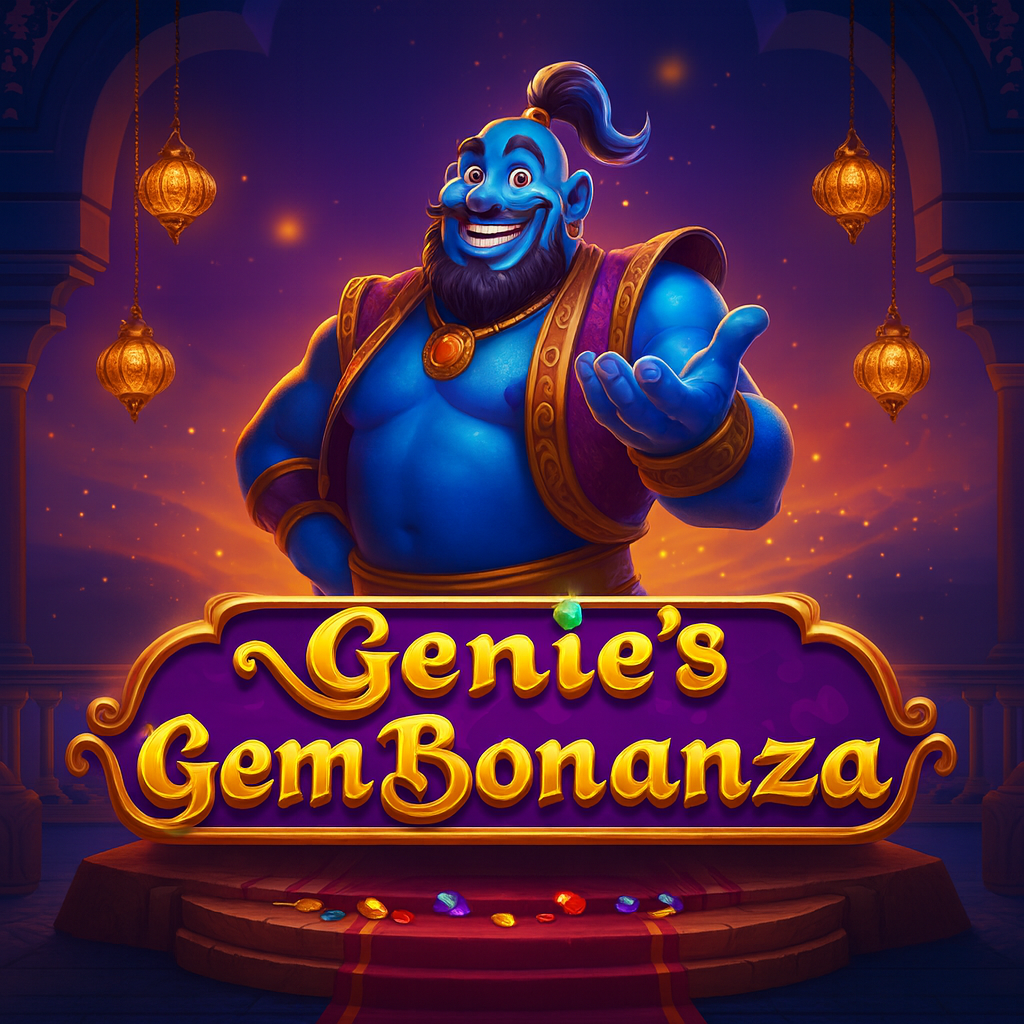 Ilustração do slot online Genie’s Gem Bonanza com um gênio azul sorridente em cenário oriental luxuoso, lanternas douradas, joias brilhantes e o logotipo do jogo em destaque sobre um palco iluminado.