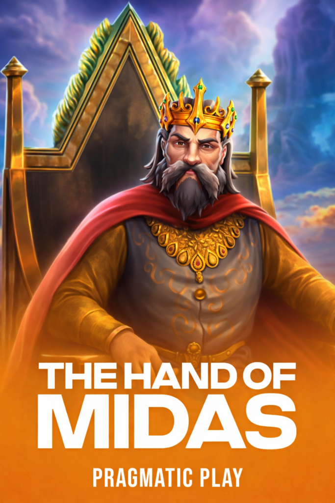 Imagem do slot online The Hand of Midas da Pragmatic Play, com o Rei Midas sentado em um trono dourado, usando coroa ornamentada e manto vermelho, em um cenário místico com tons dourados e céu dramático ao fundo.