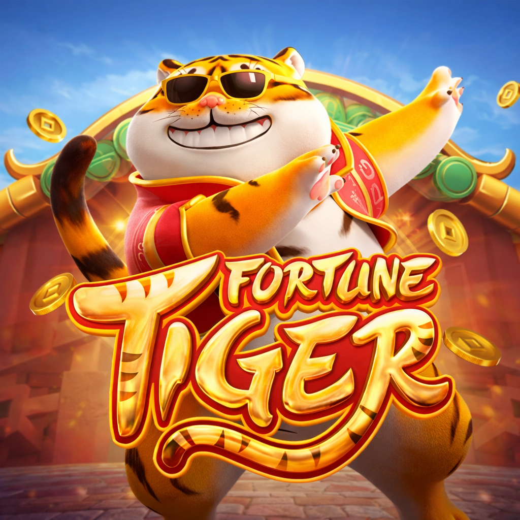 Ilustração do slot Fortune Tiger da PG Soft com tigre sorridente usando óculos escuros e roupa tradicional chinesa vermelha, com moedas douradas flutuando ao redor e o logotipo Fortune Tiger em destaque.