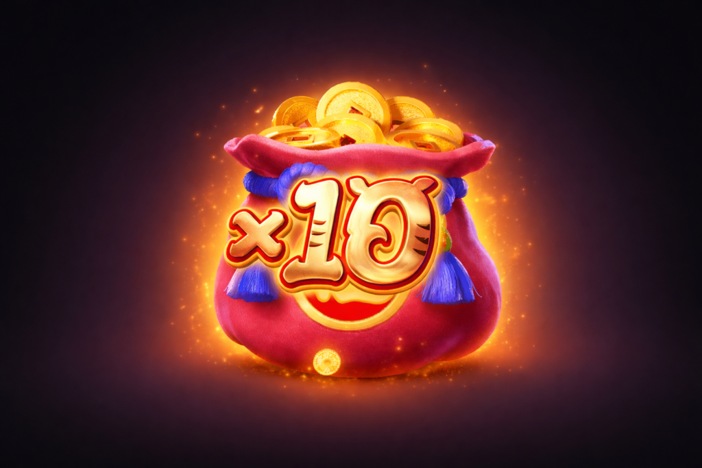 Ilustração do slot Fortune Tiger da PG Soft mostrando o símbolo de multiplicador x10 em um saco da fortuna vermelho com moedas douradas, em fundo escuro com brilho dourado, representando aumento de ganhos e bônus especiais do jogo do tigrinho.