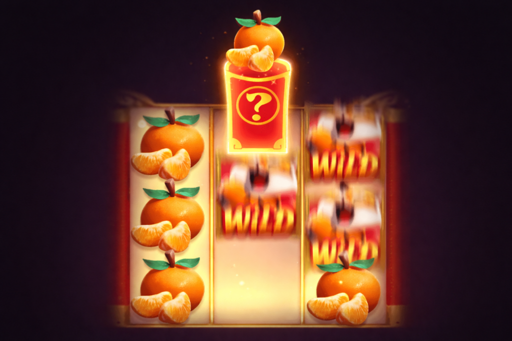 Imagem do slot Fortune Tiger da PG Soft destacando a Funcionalidade Tigre da Sorte, com símbolo misterioso iluminado acima dos rolos e laranjas da sorte empilhadas, representando a ativação de recursos especiais e ganhos aleatórios no jogo do tigrinho.