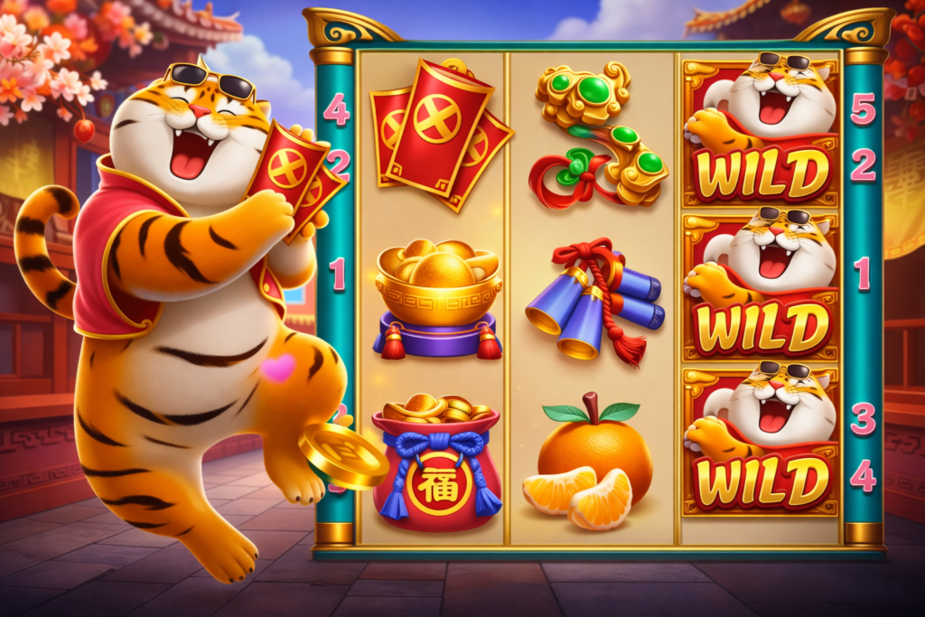 Imagem do slot Fortune Tiger da PG Soft com o tigre da sorte usando óculos escuros ao lado da máquina de rolos, exibindo símbolos como Wild empilhado, envelopes vermelhos, moedas douradas, fogos, saco da fortuna e laranjas, em cenário oriental colorido que representa bônus, ganhos e recursos especiais do jogo do tigrinho.