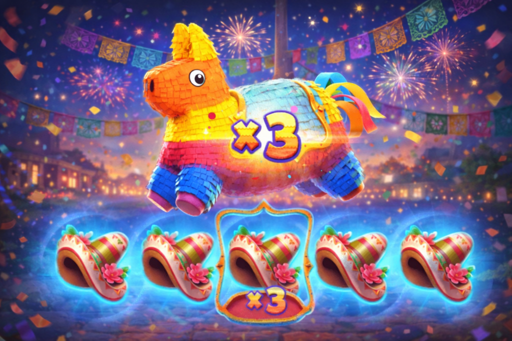 Piñata colorida do slot Piñata Wins com destaque para o multiplicador x3, rodeada por confetes e elementos festivos mexicanos, representando o recurso de multiplicadores que aumentam os ganhos durante as rodadas.