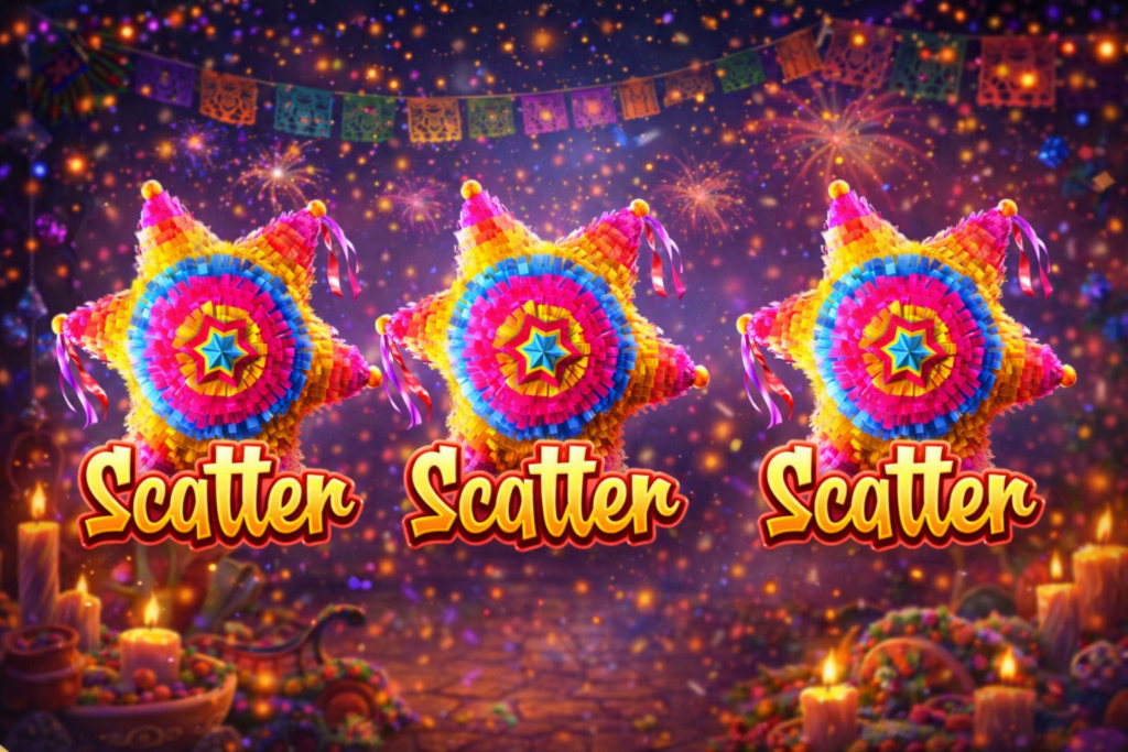 Símbolos Scatter do Piñata Wins em formato de piñata estrela colorida, exibidos três vezes na tela, representando a ativação das rodadas grátis em um cenário festivo inspirado na cultura mexicana.
