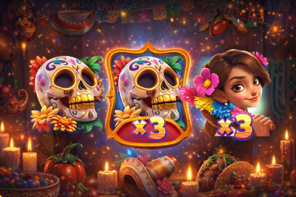 Símbolos especiais do Piñata Wins com moldura dourada, incluindo caveiras decoradas e personagem feminina, destacando o efeito visual premium e o multiplicador x3 ativado no slot da PG Soft.