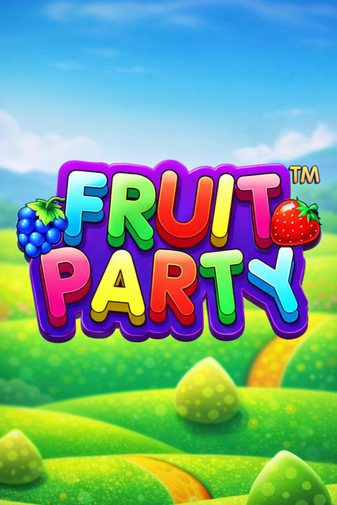 Ilustração do slot online Fruit Party da Pragmatic Play, com o logotipo colorido do jogo em letras vibrantes, frutas brilhantes como uvas e morango, e um cenário alegre com colinas verdes ao fundo.