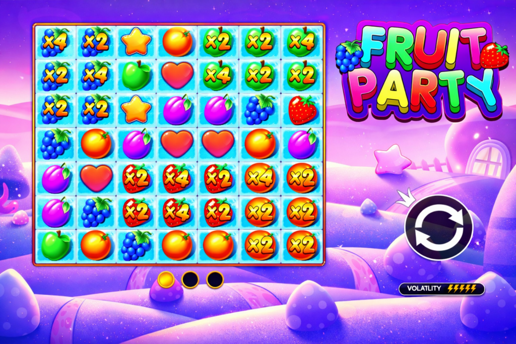 Tela do slot online Fruit Party da Pragmatic Play com grade 7x7 de símbolos coloridos de frutas, multiplicadores x2 e x4 ativos, logotipo do jogo à direita e cenário fantasia em tons roxos ao fundo, destacando a mecânica de Cluster Pays.