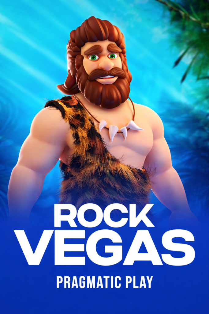 Personagem pré-histórico em estilo cartoon do slot Rock Vegas, da Pragmatic Play, com barba e cabelo castanhos, roupa de pele e colar de dentes, em fundo azul com atmosfera de selva, com o texto “ROCK VEGAS” e “PRAGMATIC PLAY” em destaque na parte inferior.