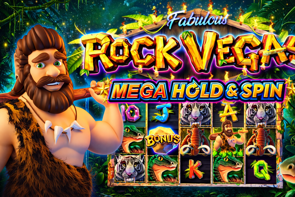 Ilustração do slot online Rock Vegas Mega Hold & Spin da Pragmatic Play, com personagem pré-histórico em estilo cartoon ao lado dos rolos 5x3 do jogo, símbolos de tigre, dinossauro, letras coloridas e fundo de selva tropical.
