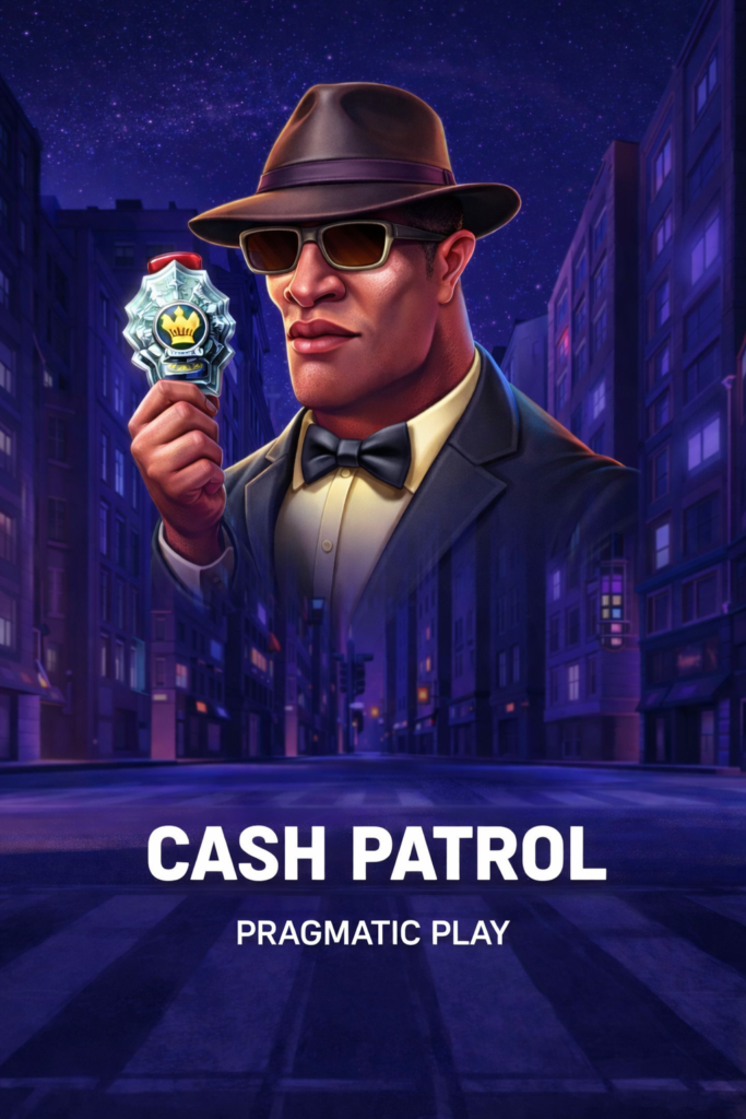 Arte do slot online Cash Patrol da Pragmatic Play, com detetive em estilo cartoon usando chapéu e óculos escuros, segurando distintivo policial em uma rua urbana noturna, com o texto “Cash Patrol” e “Pragmatic Play” em destaque.