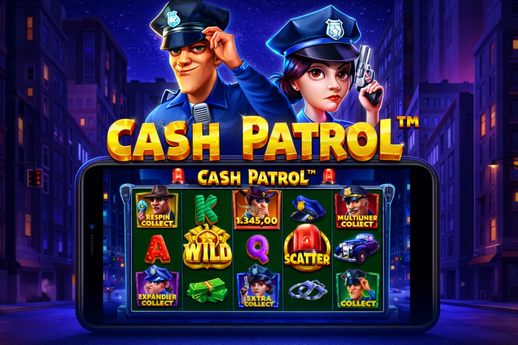 Ilustração do slot online Cash Patrol da Pragmatic Play, com dois policiais em estilo cartoon em cenário urbano noturno, smartphone exibindo a interface do jogo, símbolos Wild, Scatter e Money Collect e cores vibrantes.