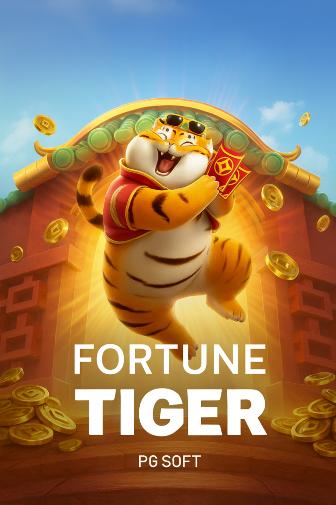 Ilustração do slot Fortune Tiger da PG Soft com tigre animado segurando envelopes vermelhos, moedas douradas flutuando e portal oriental ao fundo, representando sorte e prosperidade no jogo do tigrinho bet.