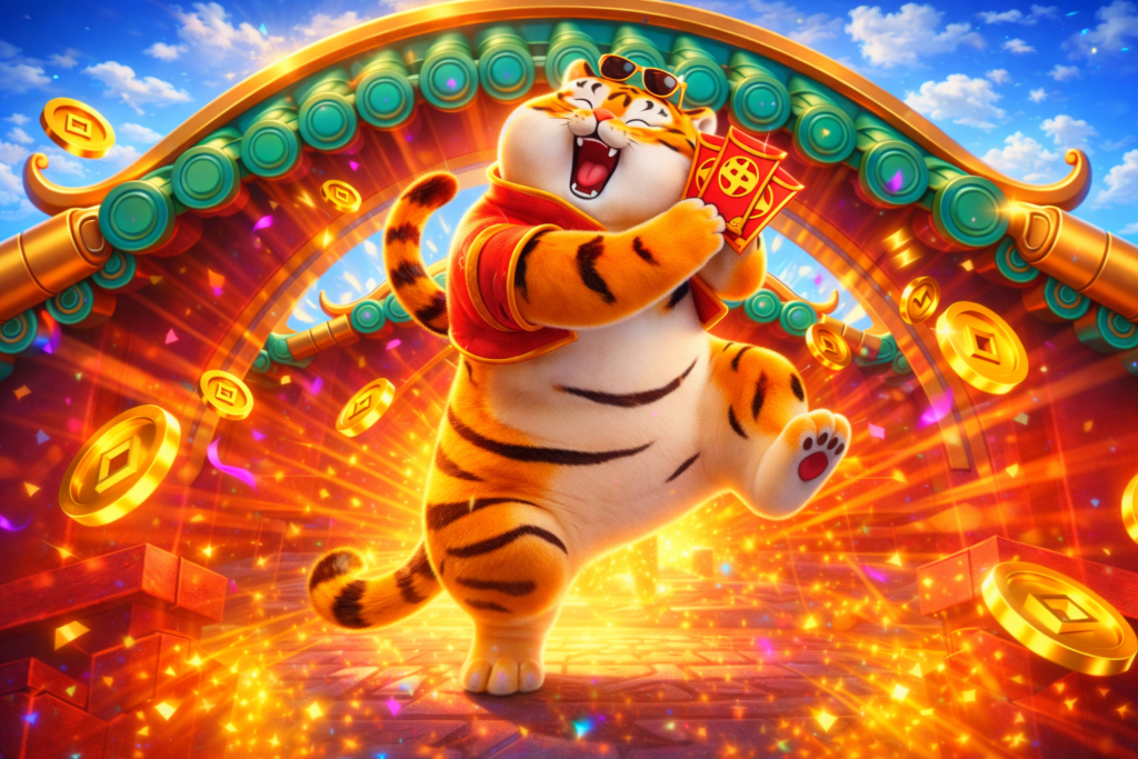 Slot Fortune Tiger mostrando um tigre antropomórfico sorridente e saltando de alegria, segurando envelopes vermelhos da sorte, cercado por moedas douradas brilhantes e confetes, em frente a um arco oriental colorido, com cores vibrantes, iluminação intensa e visual festivo inspirado na cultura asiática.