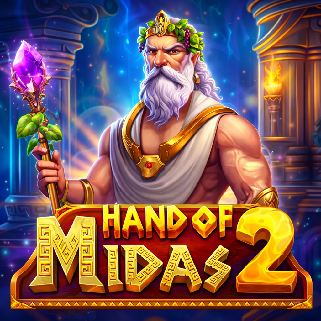 Slot Hand of Midas 2 com personagem inspirado em Zeus, barba branca e toga dourada, segurando um cajado com cristal roxo, em um templo grego iluminado, com cores vibrantes e logo dourado do jogo.