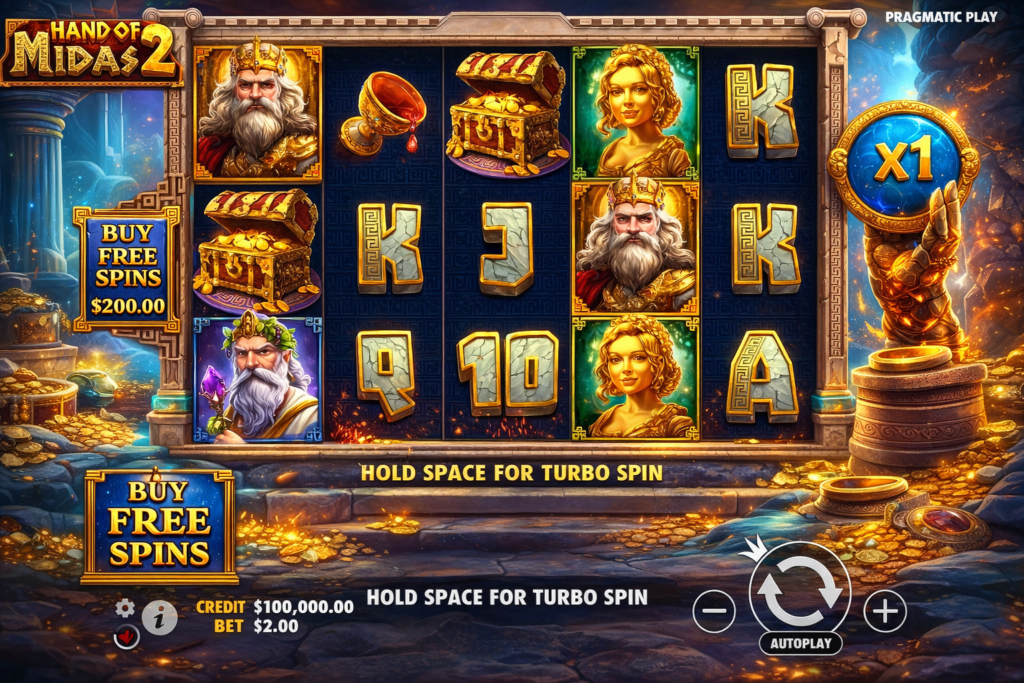 Tela do slot Hand of Midas 2 com rolos 5x3 em cenário de templo grego, símbolos dourados de rei, rainha, baú do tesouro e letras, botão Buy Free Spins e interface colorida com efeitos de ouro e luz.