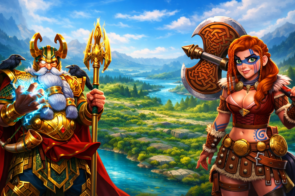 Odin com armadura dourada e lança mágica ao lado de uma guerreira viking ruiva com machado, em um cenário nórdico com rio, montanhas e natureza, arte inspirada na mitologia nórdica do slot online Fury of Odin Megaways.