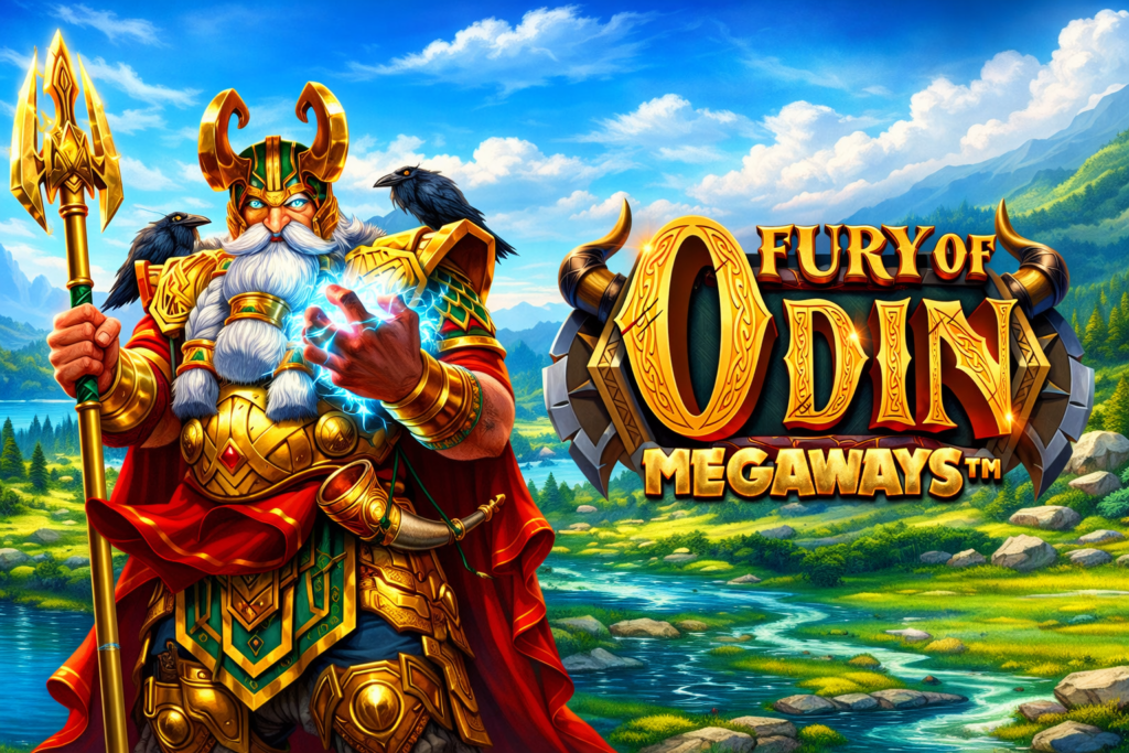 Odin, deus nórdico da guerra, segurando lança dourada com energia mágica em cenário de fantasia do slot online Fury of Odin Megaways.