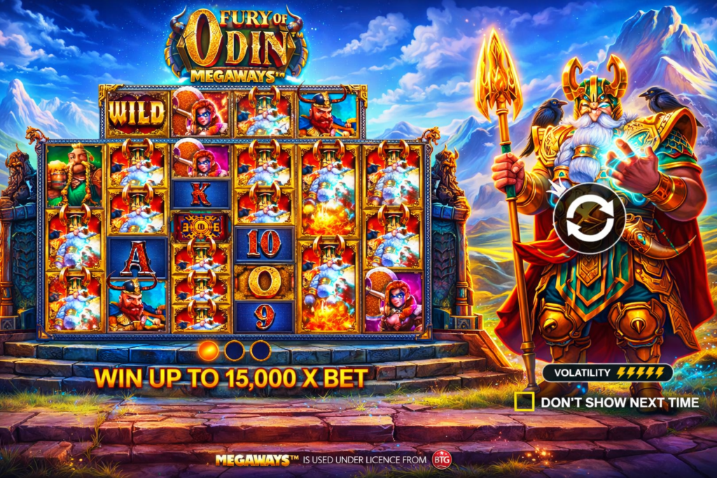 Slot online Fury of Odin Megaways com Odin, símbolos vikings, recurso Megaways e prêmio de até 15.000x a aposta, jogo de cassino inspirado na mitologia nórdica.