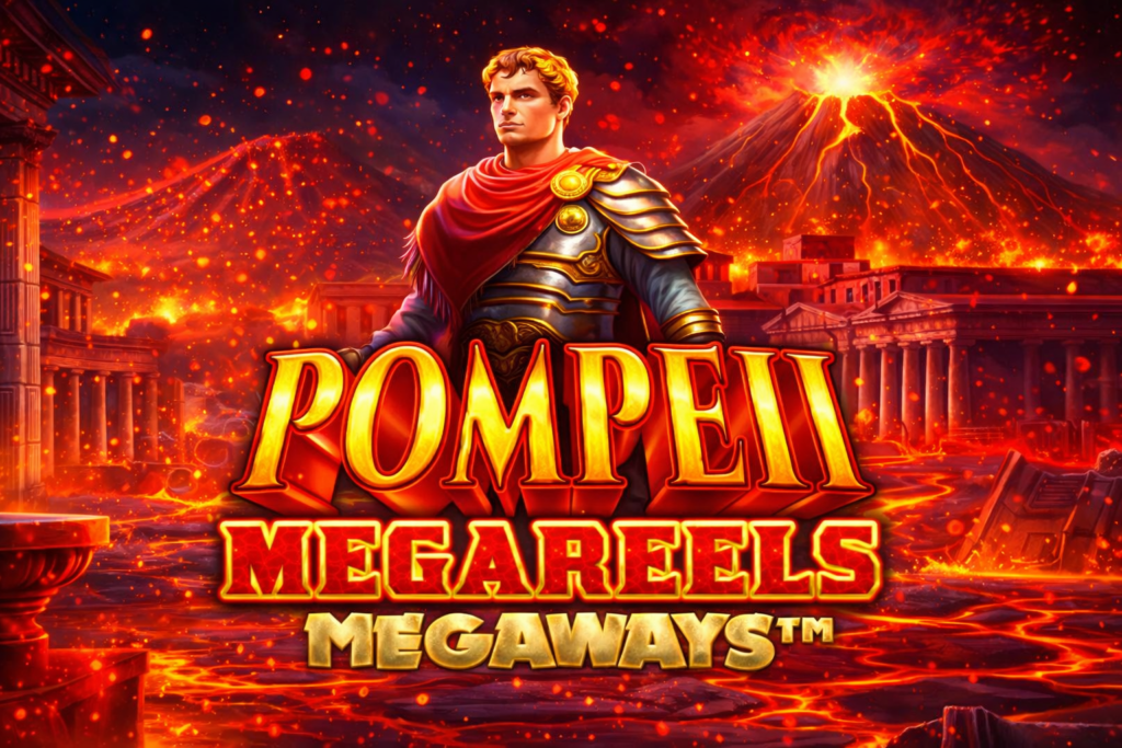 Jogo de slot online Pompeii Megareels Megaways com imperador romano em armadura, erupção do vulcão Vesúvio ao fundo, cenário em chamas e cores vibrantes representando a destruição de Pompeia.