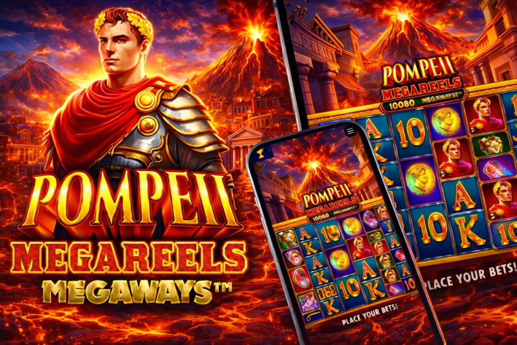 Jogo de slot online Pompeii Megareels Megaways com um soldado romano em primeiro plano, o vulcão Vesúvio em erupção ao fundo e telas de celular exibindo os rolos do slot com símbolos dourados e cores vibrantes.