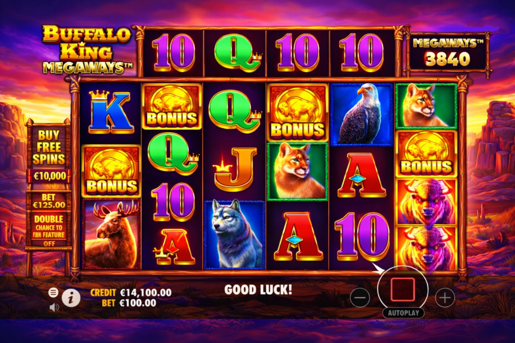 Jogo de cassino Buffalo King Megaways da Pragmatic Play com 6 rolos Megaways, bônus, búfalo, lobo e puma no cenário do Velho Oeste.