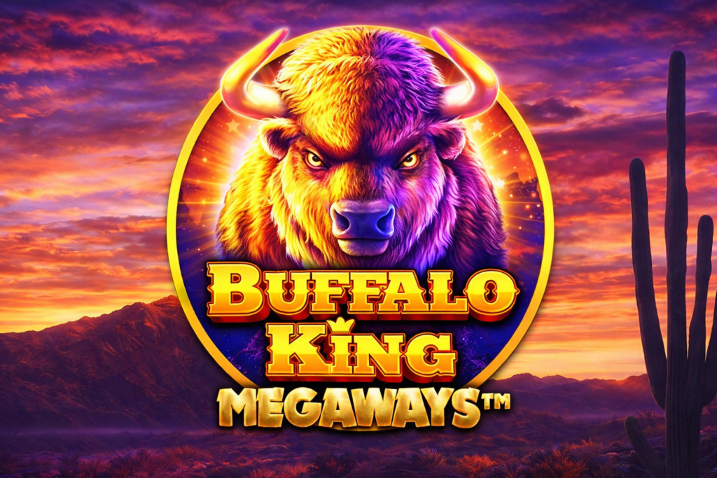 Buffalo King Megaways da Pragmatic Play com búfalo dourado, cenário de deserto e sistema Megaways.