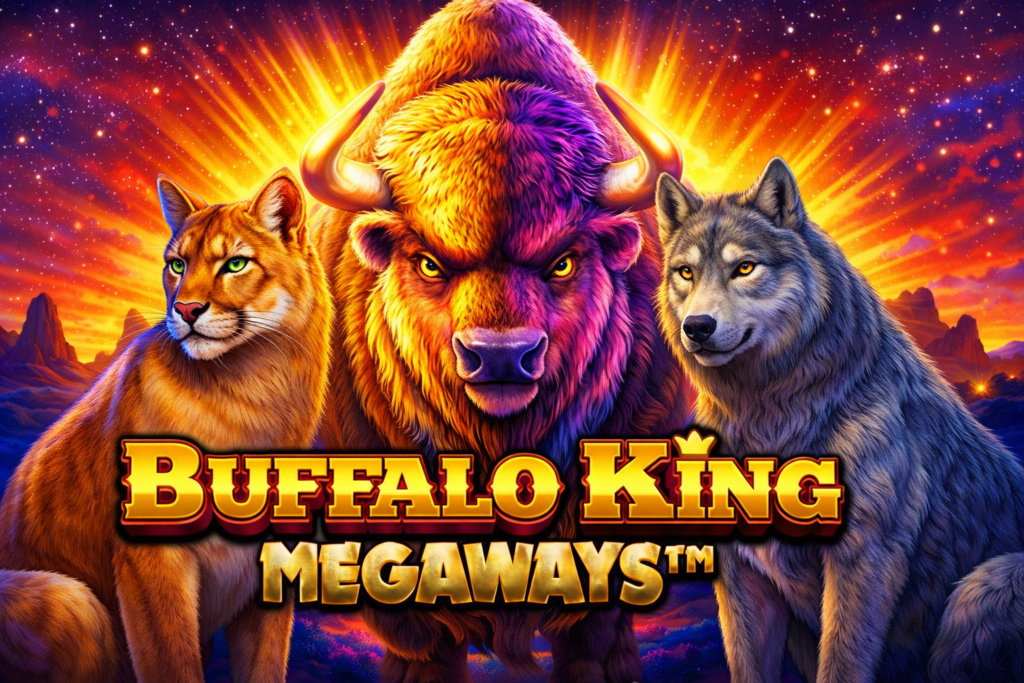 Slot online Buffalo King Megaways com búfalo, lobo e puma em cenário colorido, jogo da Pragmatic Play com sistema Megaways.
