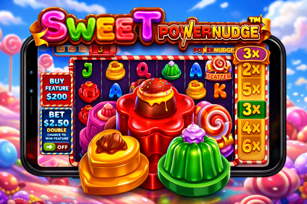 Slot Sweet PowerNudge em smartphone com doces coloridos, multiplicadores PowerNudge, símbolos scatter e opção de compra de bônus, com visual vibrante e temática de confeitaria.