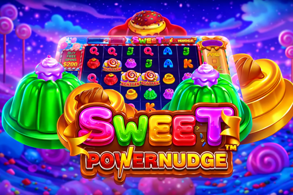 Slot online Sweet PowerNudge com doces coloridos em destaque, interface do jogo ao fundo, símbolos de letras e scatters, em um cenário vibrante de fantasia com tema de confeitaria.