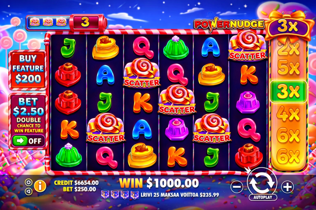 Slot Sweet PowerNudge com símbolos de doces coloridos, scatters em formato de pirulito, multiplicadores até 6x e vitória de $1000 em interface vibrante estilo candy.