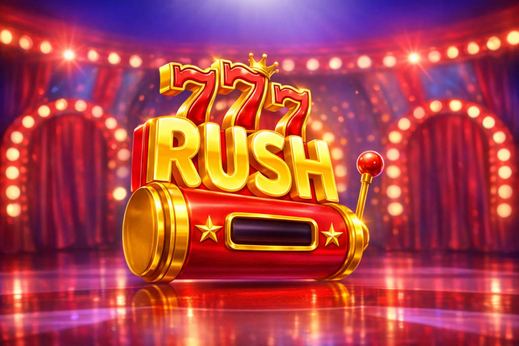 Jogo 777 Rush em estilo 3D com números dourados, alavanca de caça-níquel e cenário de cassino iluminado ao fundo.