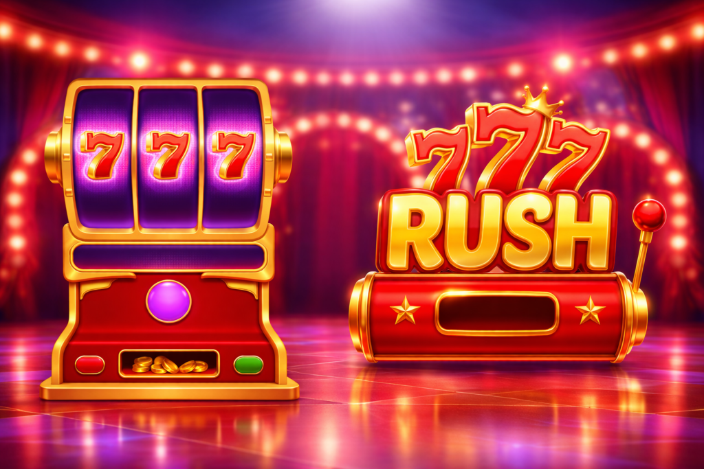 Máquina caça-níquel dourada com três símbolos 777 em roxo ao lado do logotipo 777 Rush em cenário de cassino iluminado.