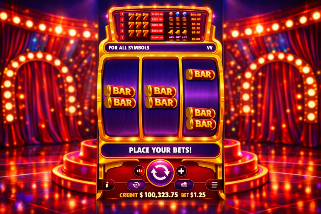 Interface de caça-níquel online com símbolos BAR em rolos roxos, tabela de pagamentos e botão de aposta em ambiente de cassino iluminado representando o 777 Rush.