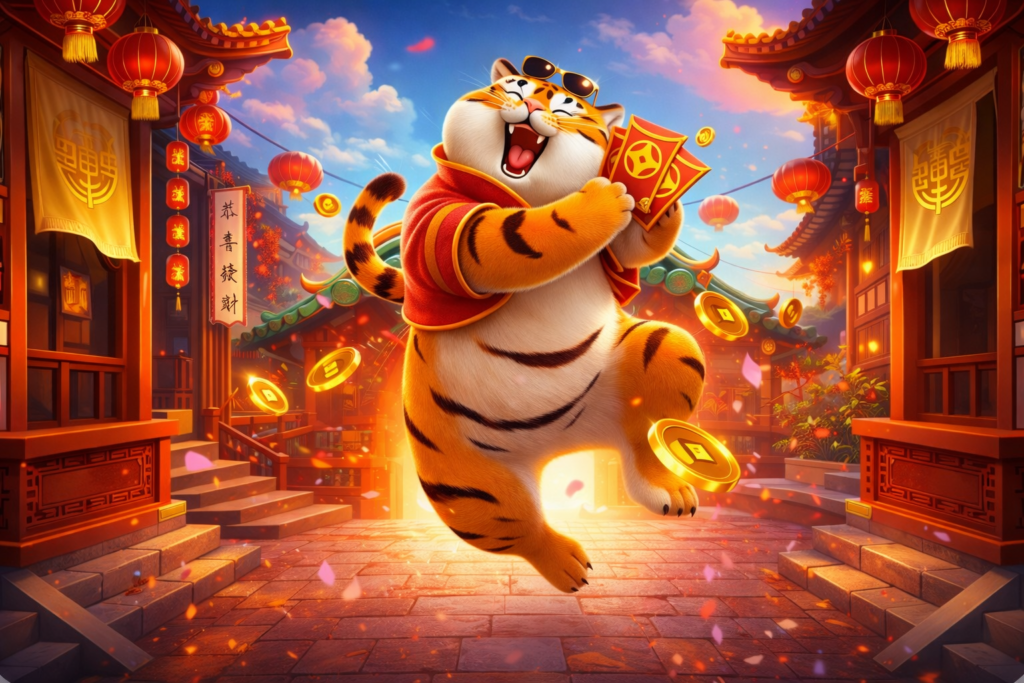 Fortune Tiger representando o jogo do tigrinho grátis pulando alegremente em uma rua tradicional chinesa, usando óculos escuros e roupa vermelha com detalhes dourados, segurando envelopes da sorte, cercado por moedas douradas flutuando, lanternas chinesas, pétalas coloridas e arquitetura oriental vibrante sob um céu azul iluminado.
