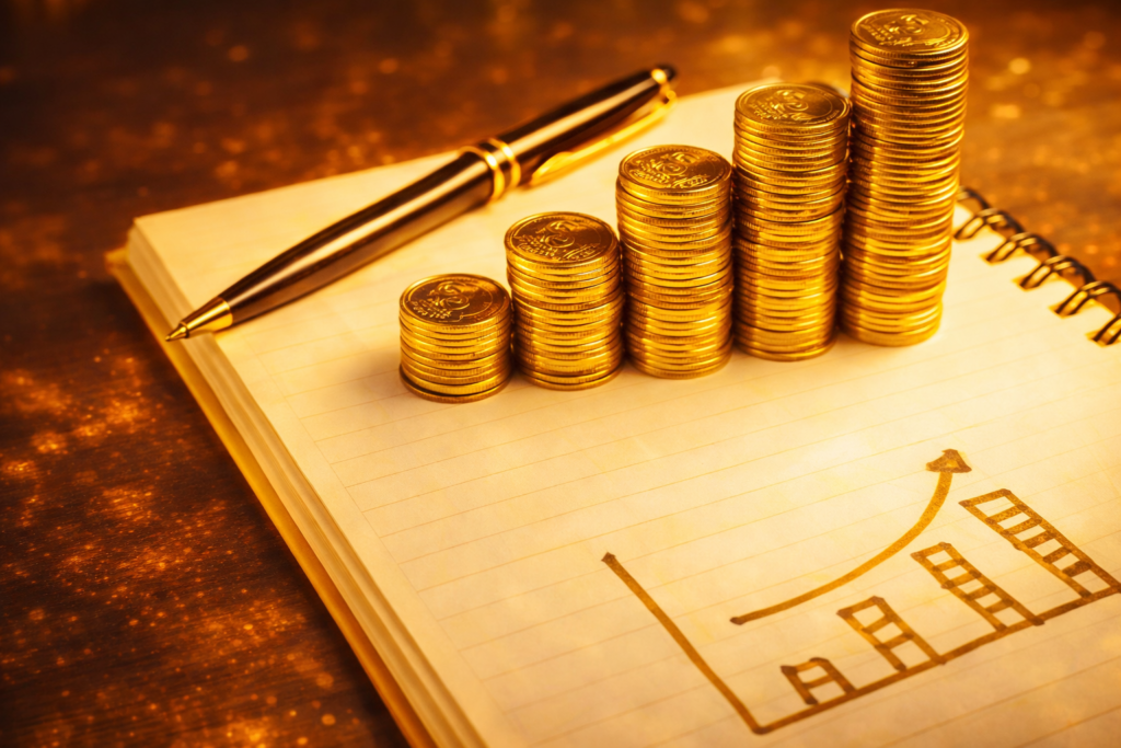 Pilhas de moedas organizadas em crescimento sobre um caderno, com um gráfico de evolução desenhado e uma caneta elegante, simbolizando planejamento financeiro, controle de banca e crescimento de capital.