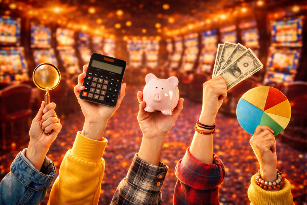 Quatro mãos segurando uma lupa, calculadora, cofrinho, notas de dólar e um gráfico de pizza, em frente a um fundo dourado suave, representando análise financeira, controle de banca e estratégia em jogos de cassino online.