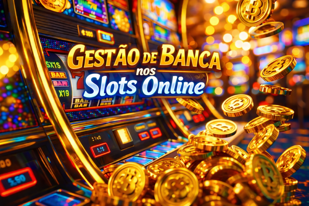  Máquina de caça-níqueis com o número 777, moedas douradas voando e o título “Gestão de Banca nos Slots Online” em destaque, representando controle financeiro e estratégias em cassinos online.