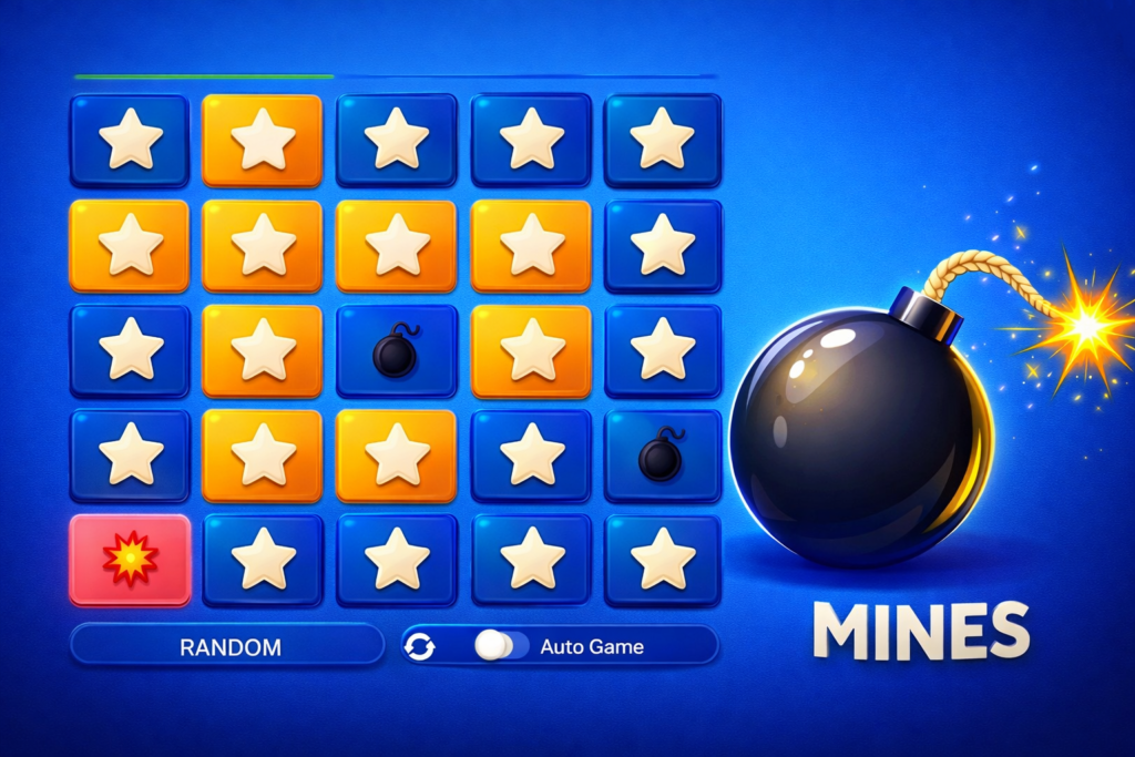 Mines com grade 5x5 de estrelas em azul e dourado, bombas pretas e uma bomba grande acesa ao lado, em cores vibrantes e estilo 3D.