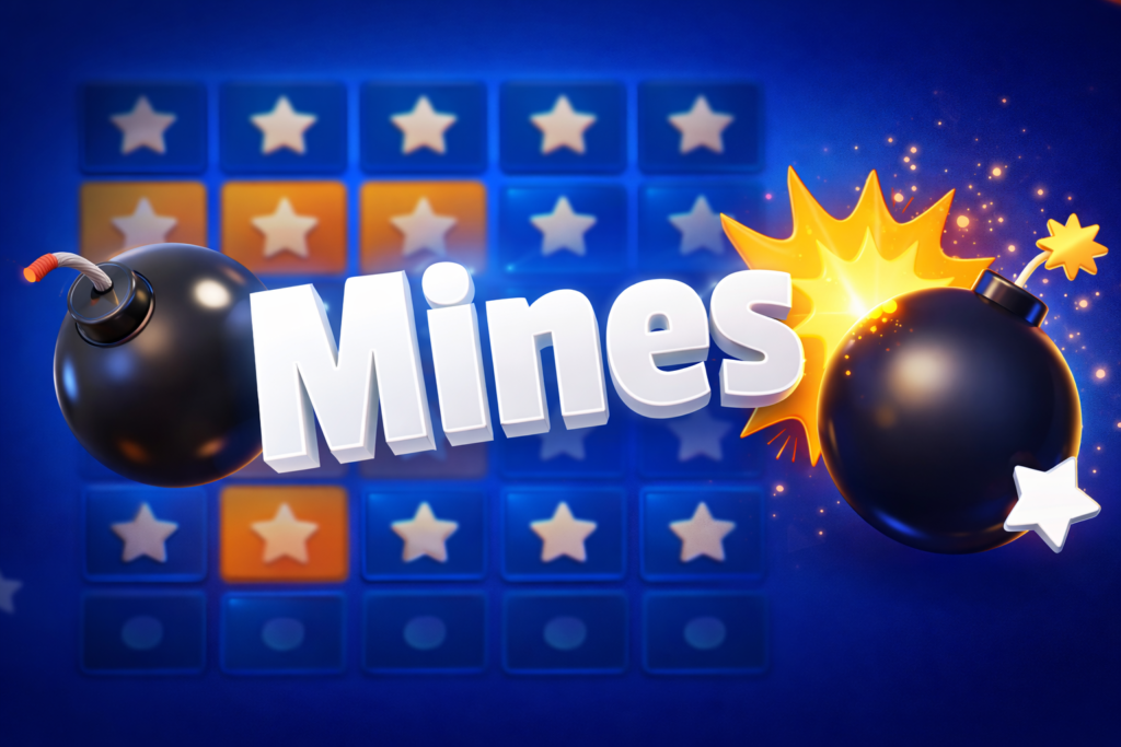 Mines, jogo da bombinha, com texto 3D branco, duas bombas pretas com pavio aceso e explosão dourada, fundo azul com grade 5x5 de estrelas desfocadas.