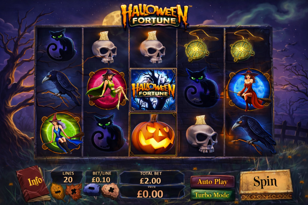 Jogo de slot Halloween Fortune com símbolos de pagamento como bruxas, gato preto, corvo, caveiras e abóbora Wild iluminada em cenário de Halloween no cassino online.