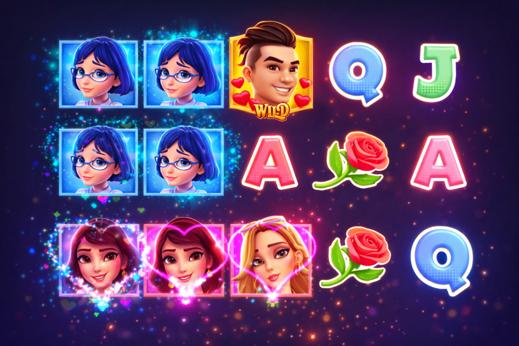 Girls Transformation Feature do slot Reel Love, onde as três garotas verde, vermelha e azul são transformadas em um único tipo de personagem, com efeitos brilhantes, corações e visual colorido de cassino online.