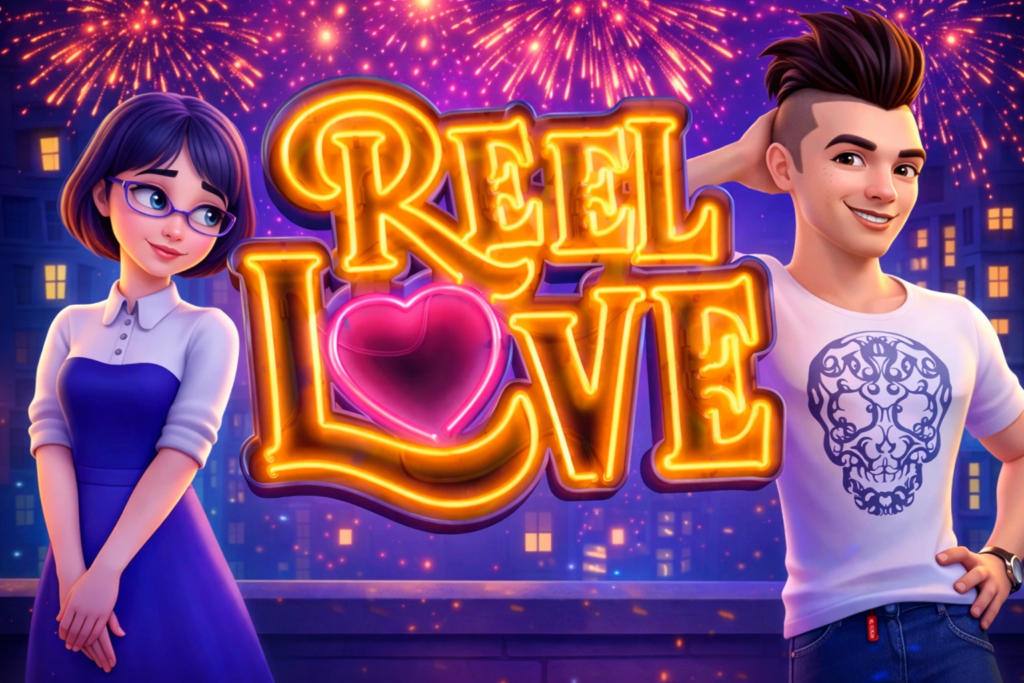Reel Love slot com casal em cenário noturno, fogos de artifício ao fundo, logo iluminado em neon dourado e coração rosa, personagens em estilo 3D e ambiente urbano romântico de cassino online.