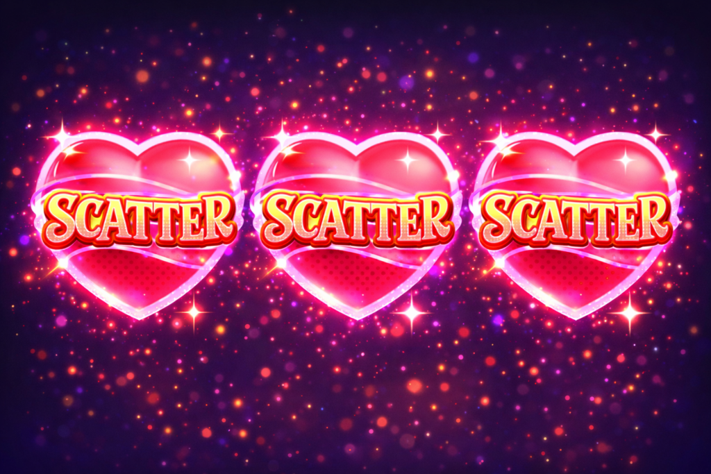 Free Spins Feature com três símbolos Scatter em formato de coração ativando as Rodadas Grátis no slot Reel Love, com visual colorido e efeitos brilhantes.