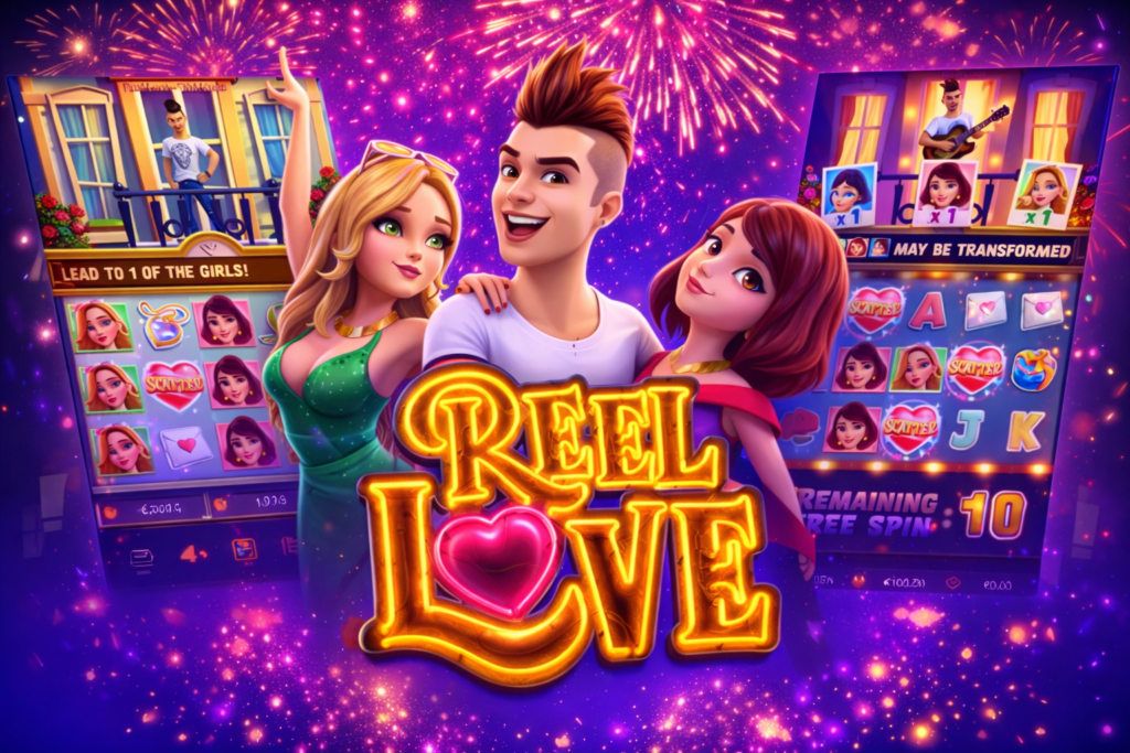 Slot Reel Love com um rapaz e duas mulheres, fogos de artifício ao fundo, cores vibrantes, símbolos de cassino, logo luminoso e temática romântica de jogo de cassino online.